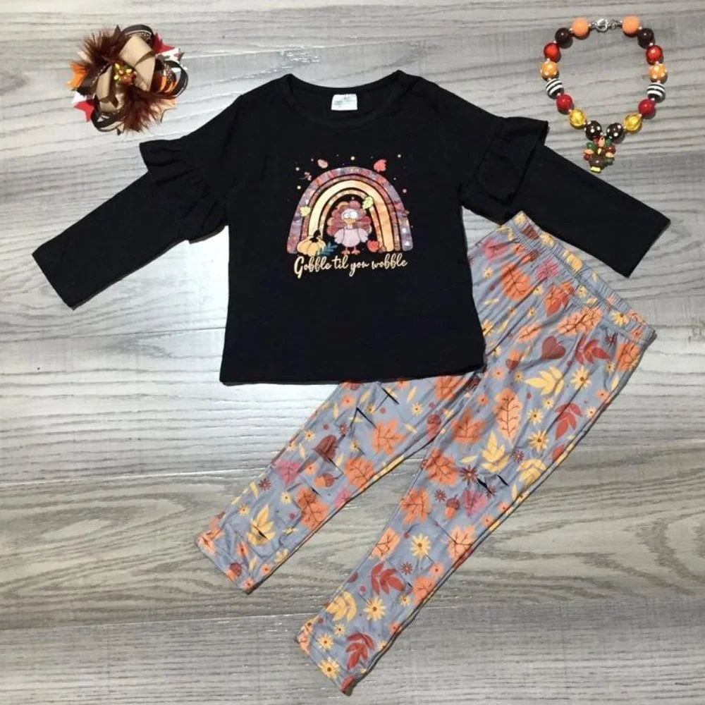 Boutique Thanksgiving Turkey Rainbow Girls Tunic Dress Ruffle Leggins Outfit Set
